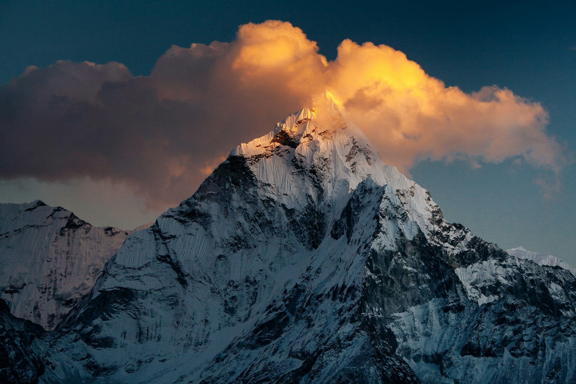 Ridgelines of Ama Dablam catching the last light of sunset