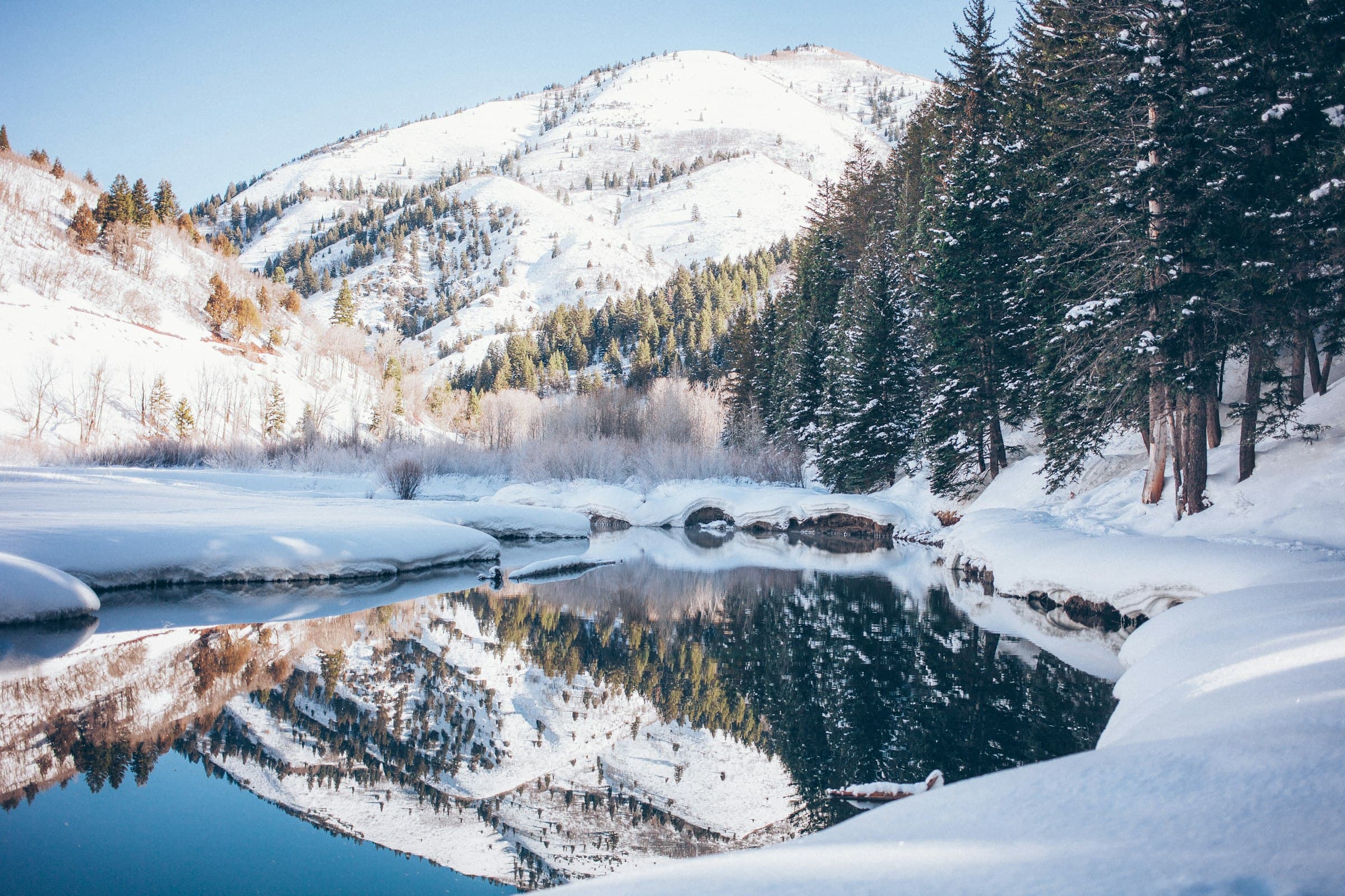 Snowbound river valley winding between pine slopes